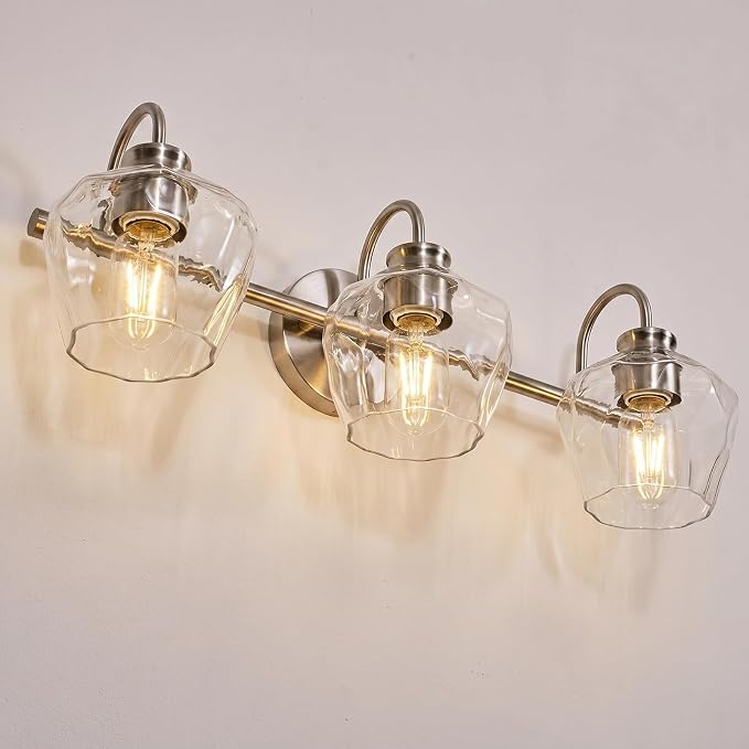 Brushed Nickel Vanity Light, 3 Light Bathroom Light Fixtures with Clear Diamond-Shape Hammered Glass, Silver Vintage Ripple Wall Lights for Hallway, Bedroom, Anti-Rust, E26 Base (No Bulbs)
