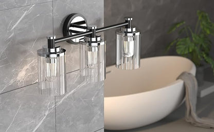 Bathroom Lighting Fixtures Black and Chrome Bathroom Vanity Light with Cylindrical Clear Stripes Glass Lampshade E26 Socket Base Bathroom Lighting Fixtures Over Mirror (3 Lights)