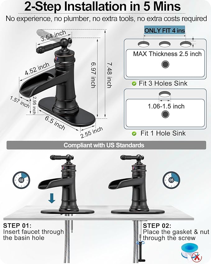 Waterfall Faucet, Brass Oil Rubbed Bronze Bathroom Faucet 1 Hole, Single Handle Bathroom Faucets, 4 Inch 3 Hole Bathroom Sink Faucet with Pop Up Drain Deck Plate & Supply Hoses for Farmhouse