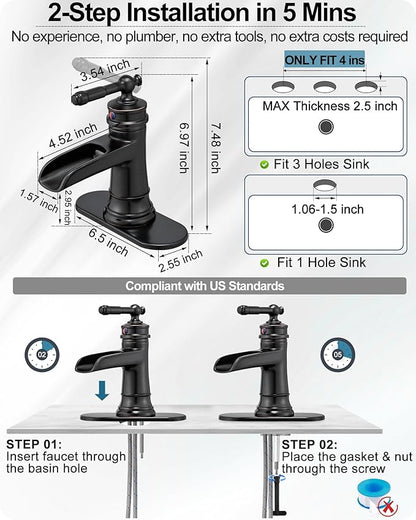 Waterfall Faucet, Brass Oil Rubbed Bronze Bathroom Faucet 1 Hole, Single Handle Bathroom Faucets, 4 Inch 3 Hole Bathroom Sink Faucet with Pop Up Drain Deck Plate & Supply Hoses for Farmhouse