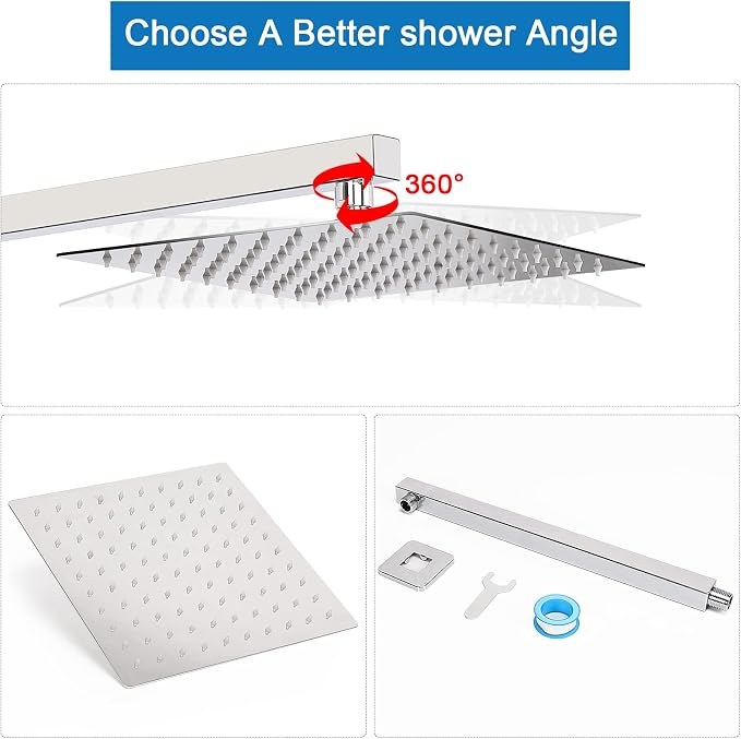 Shower Head with Extension Arm, High Pressure Square with ShowerArm, Stainless Steel Rainfall -Waterfall Full Body Coverage (10'' Shower with 16'' Arm, Chrome)