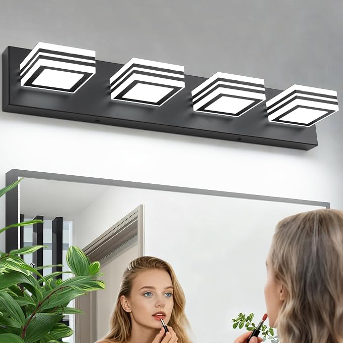 SOLFART Bathroom Vanity Light Over Mirror - 4 Light Led Vanity Light Fixture 26inch Matt Black Lights for Bath