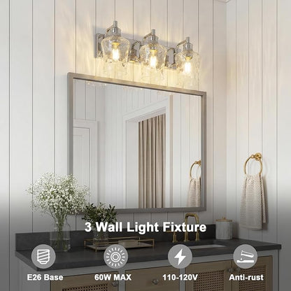 Farmhouse Chrome Vanity Light, 3 Light | Bathroom Lighting Fixtures, Over Mirror, Hammered Glass Lampshade, For Cabinet Mirror Bedroom Hallway