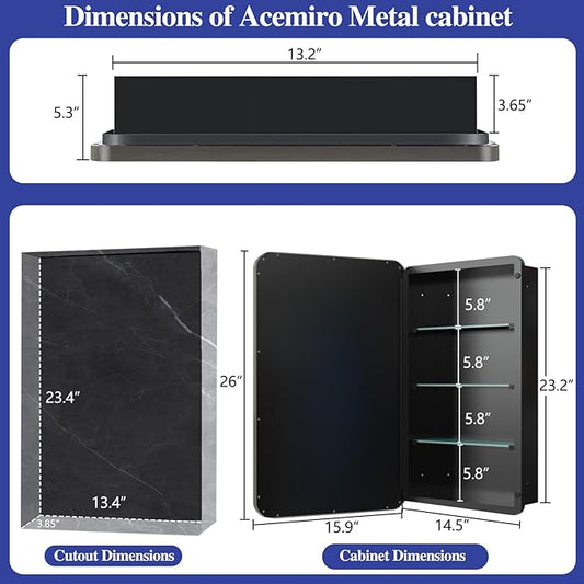Bathroom Medicine Cabinet with 16"x26" Stainless Steel Framed Mirror,Recessed or Surface Mounted Bathroom Mirror Cabinet,Storage Cabinet for Bathrooms, Guest Rooms, Apartments, Farmhouse Decor