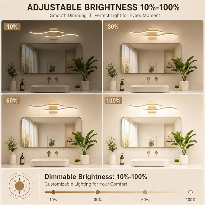 Modern Vanity Lights Dimmable Bathroom Light Fixtures Over Mirror Bathroom LED Vanity Light for Bathroom Living Room (Gold,31.5Inch)