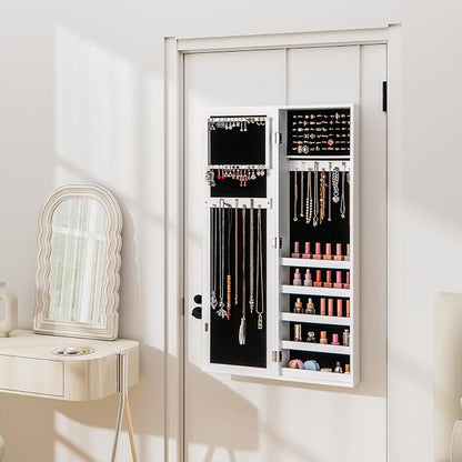 NAFORT Jewelry Armoire with Full-length Mirror,Wall Mounted Jewelry Organizer Cabinet with Make-up mirror, Height Adjustable Hanging jewelry storage mirror, Jewelry Holder, White