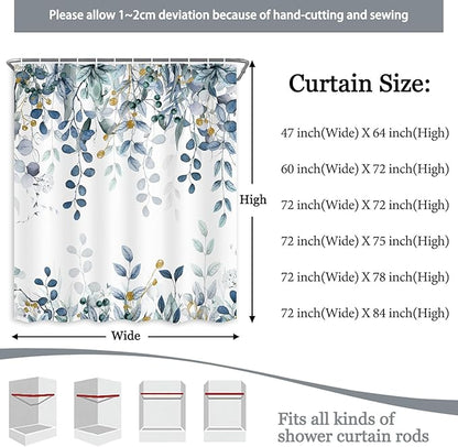 Blue Eucalyptus Shower Curtain, Watercolor Plants Foliage Floral Bathroom Curtains, Cottagecore Botanical Leaves Waterproof Fabric Cloth Shower Curtain Set with Hooks 72X72 Inch
