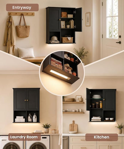 HAIOOU 23.6 inch Bathroom Wall Cabinet with Motion Sensor Light - Black | Wall Mount Medicine Cabinet with Recessed Panel Doors, Adjustable Glass Shelf, Soft Close Hinges for Over the Toilet Storage