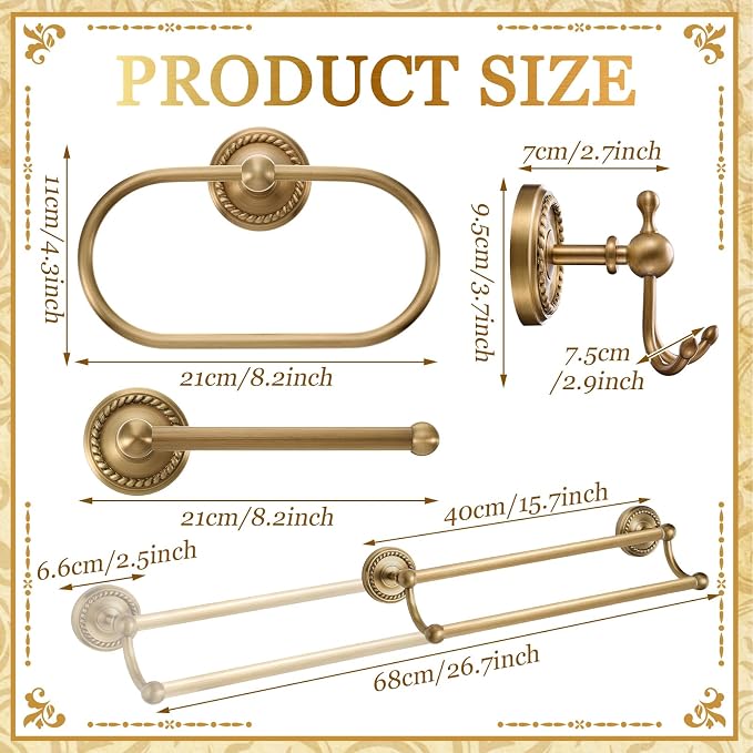 4 Pcs Antique Brass Gold Bathroom Accessories Set Wall-Mounted Towel Rack & Towel Ring & Toilet Paper Holder & Robe Hook, Wall Mounted Brass Vintage Bath Hardware Fixture Set(Double)