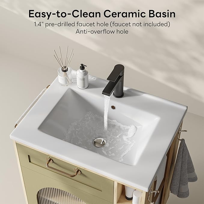 LIKIMIO 24 Inch Bathroom Vanity with Sink, Compact Bathroom Cabinet with Integrated Ceramic Sink, Arched Glass Door Storage with Adjustable Shelf, Towel Bar & Toilet Paper Holder for Small Bath
