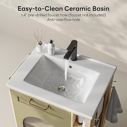 LIKIMIO 24 Inch Bathroom Vanity with Sink, Compact Bathroom Cabinet with Integrated Ceramic Sink, Arched Glass Door Storage with Adjustable Shelf, Towel Bar & Toilet Paper Holder for Small Bath
