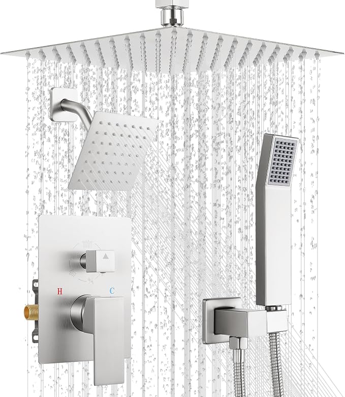 Rain Shower Faucet Set, 10" Top + 6" Side Head, Brushed Nickel | 3-head set w/ valve, SUS304 anti-freeze, 6 spray modes, self-clean nozzles