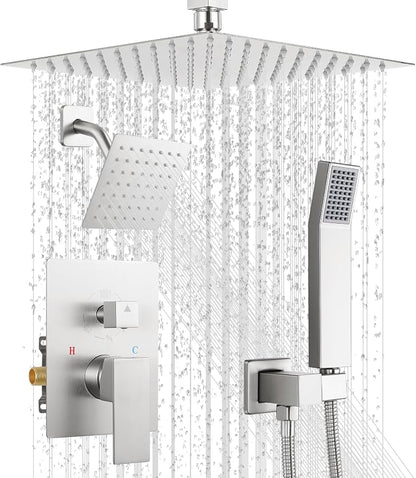 Rain Shower Faucet Set, 10" Top + 6" Side Head, Brushed Nickel | 3-head set w/ valve, SUS304 anti-freeze, 6 spray modes, self-clean nozzles