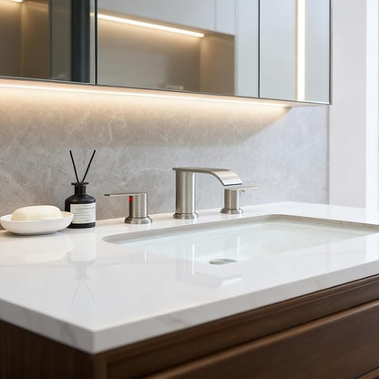 Waterfall Bathroom Faucet 3 Holes, 8 Inch Brushed Nickel Widespread Faucet Bathroom with Pop Up Drain Bathrooms Basin Lavatory Mixer Tap with Deck Mount Plate