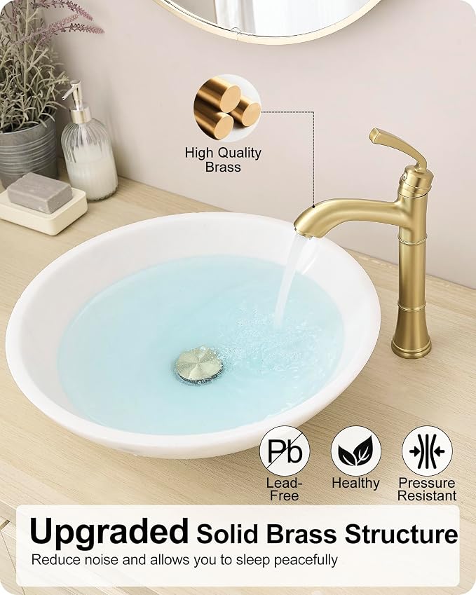 Brass Gold Vessel Sink Faucet, Tall Single Hole Bathroom Faucet for Vessel Sink Single Handle with Pop-Up Drain & Pre-Installed Hoses