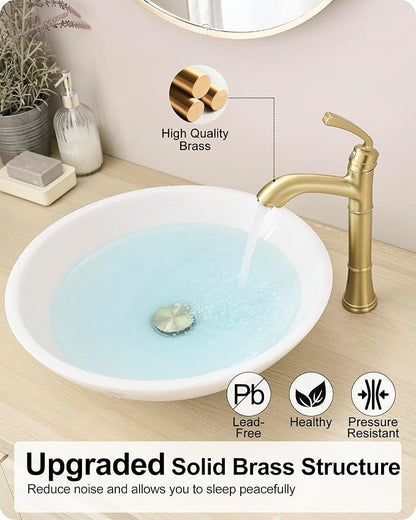 Brass Gold Vessel Sink Faucet, Tall Single Hole Bathroom Faucet for Vessel Sink Single Handle with Pop-Up Drain & Pre-Installed Hoses