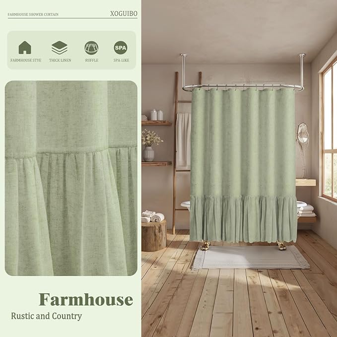 Farmhouse Shower Curtain Ruffle Linen Flax Green 72" W x 78" L | Linen Fabric, Farmhouse Boho, Bottom Ruffle, Rustic, Country, Natural Look, Washable, Shower Curtain for Bathroom Bathtub