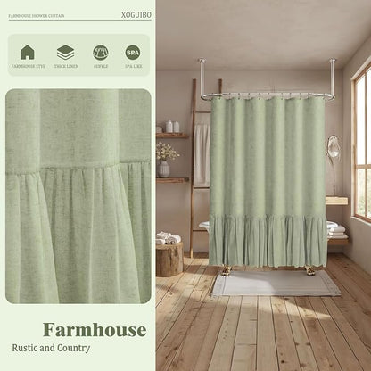 Farmhouse Shower Curtain Ruffle Linen Flax Green 72" W x 78" L | Linen Fabric, Farmhouse Boho, Bottom Ruffle, Rustic, Country, Natural Look, Washable, Shower Curtain for Bathroom Bathtub