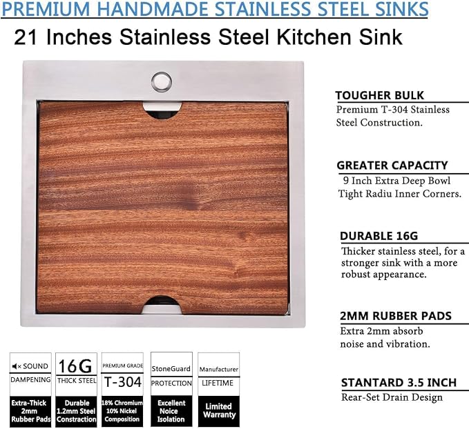 VAPSINT 21x20 Inch Drop In Kitchen Sink Workstation, 21 Inch Topmount Kitchen & Bar Sink 16 Gauge Stainless Steel Handmade Single Bowl Small Kitchen Sinks for RV Wet Prep with Accessories