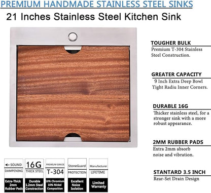 VAPSINT 21x20 Inch Drop In Kitchen Sink Workstation, 21 Inch Topmount Kitchen & Bar Sink 16 Gauge Stainless Steel Handmade Single Bowl Small Kitchen Sinks for RV Wet Prep with Accessories