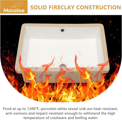 Mocoloo Bathroom Sink Undermount 22"x16" White Rectangle Porcelain Sink with Vertical Sides and Overflow Drain Under Counter Mount Ceramic Lavatory Vanity Sinks for Bathroom Hand Basin