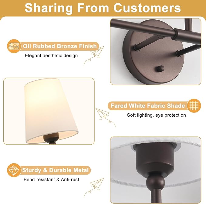 Bathroom Light Fixtures, 3-Light Oil Rubbed Bronze Vanity Lights, 25" Bathroom Lighting Fixtures Over Mirror with White Flared Fabric Shade, Modern Wall Sconces for Bathroom Living Room Hallway