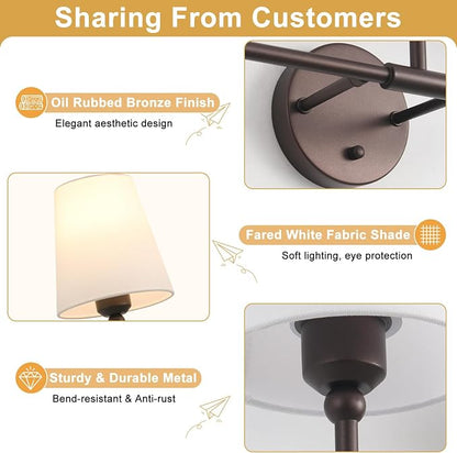 Bathroom Light Fixtures, 3-Light Oil Rubbed Bronze Vanity Lights, 25" Bathroom Lighting Fixtures Over Mirror with White Flared Fabric Shade, Modern Wall Sconces for Bathroom Living Room Hallway