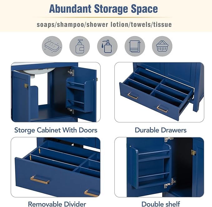 60" Blue Bathroom Vanity with Double Sink, 60 Inch Bathroom Vanity Set with Double Vanities (Separate), 2 Bathroom Vanities with Sink, Storage Shelf, and Divided Drawers (Mirror not included)