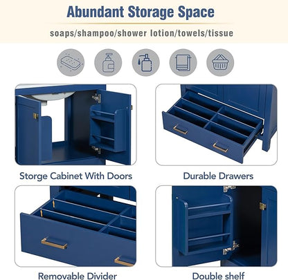 60" Blue Bathroom Vanity with Double Sink, 60 Inch Bathroom Vanity Set with Double Vanities (Separate), 2 Bathroom Vanities with Sink, Storage Shelf, and Divided Drawers (Mirror not included)