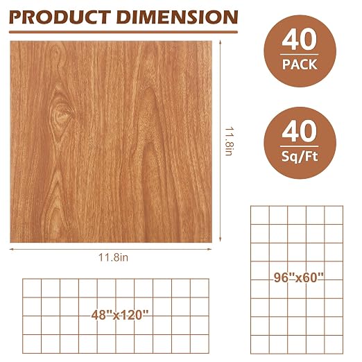 40 Sheet Vinyl Flooring 12x12 Inch Peel and Stick Floor Tile Waterproof Wood Grain Vinyl Floor Tiles Clearance Self Adhesive Floor Tiles Sticky Laminate Flooring Stick on Bathroom Kitchen RV
