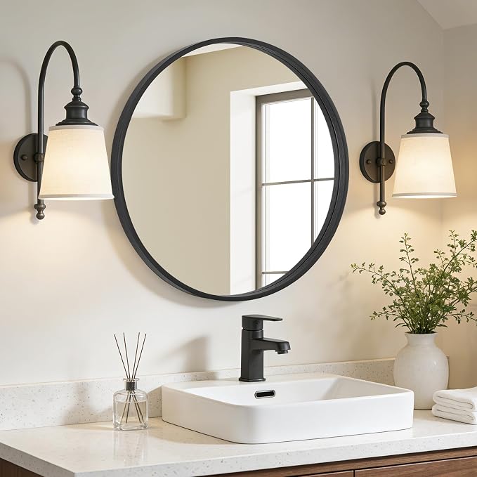 Black Round Wood Mirror 24 inch Circle Wall Mirror for Bathroom Round Wall Mirror for Wall Decor, Vanity, Entryway Living Room