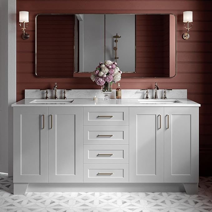 ARIEL Taylor 72-inch Bathroom Vanity with Sink,Solid Wood, 0.75-inch Italian Carrara Marble Countertop, Double Rectangular Porcelain Sink, 4 Soft Closing Doors, 6 Dovetail Drawers, Grey