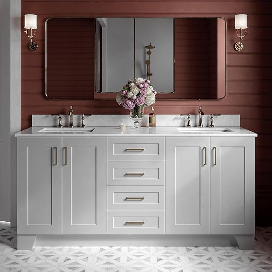 ARIEL Taylor 72-inch Bathroom Vanity with Sink,Solid Wood, 0.75-inch Italian Carrara Marble Countertop, Double Rectangular Porcelain Sink, 4 Soft Closing Doors, 6 Dovetail Drawers, Grey