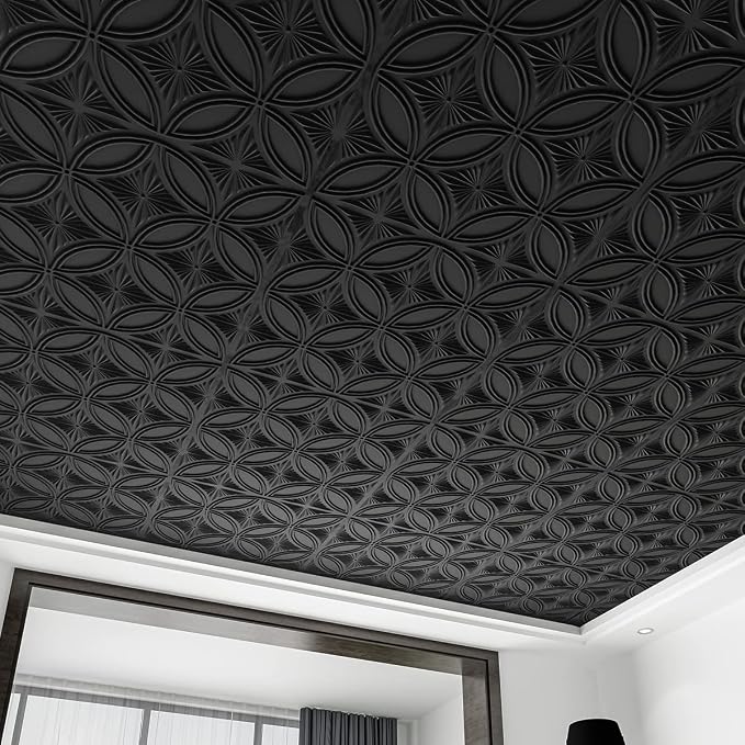 Art3d Decorative PVC Black Drop Ceiling Tile 2ft x 2ft, Glue up 3D Wall Panel 24 x 24in.12pcs | Waterproof, Break-Proof, Wipeable Surface, Scratch Resistant, Compatible with Grid System, Ideal for Commercial Spaces