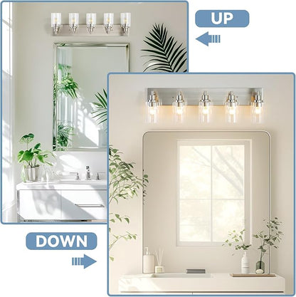 LOUSACE 5 Light Bathroom Vanity Light Brushed Nickel, Bathroom Lighting Fixtures with Clear Glass Shades Over Vanity Mirror, Modern Wall Sconces Fixtures for Bedroom Living Room, E26 Socket