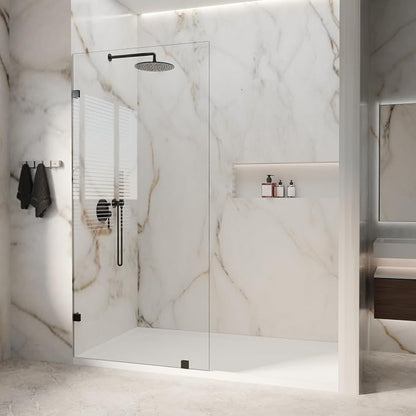 32" W x 72" H Fixed Shower Glass Panel | 3/8” 10mm Frameless for Walk in Shower with Clear Tempered Glass Explosion-Proof Film for Bathroom, Matte Black