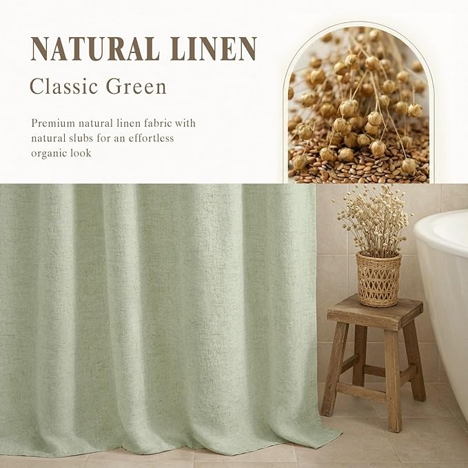 Linen Shower Curtain Flax Green, Fabric Boho Farmhouse Shower Curtains for Bathroom Cotton Natural Cloth Liner Set 72" W x 90" L