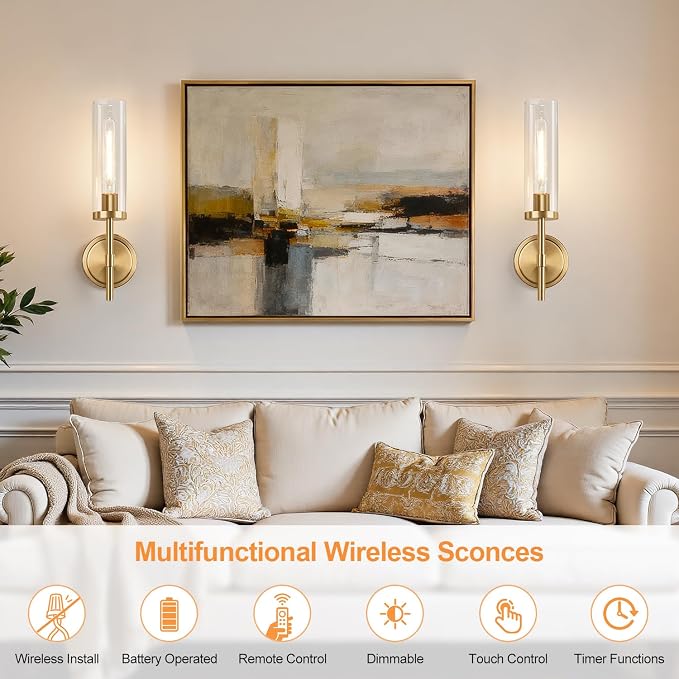 MOKATNG Battery Operated Wall Sconce Set of 2，Gold Wireless Rechargeable Wall Lighting Fixtures with Remote Control，Dimmable Wall Light for Bathroom ，Vanity, Living Room, Bedroom, Hallway, Stairway