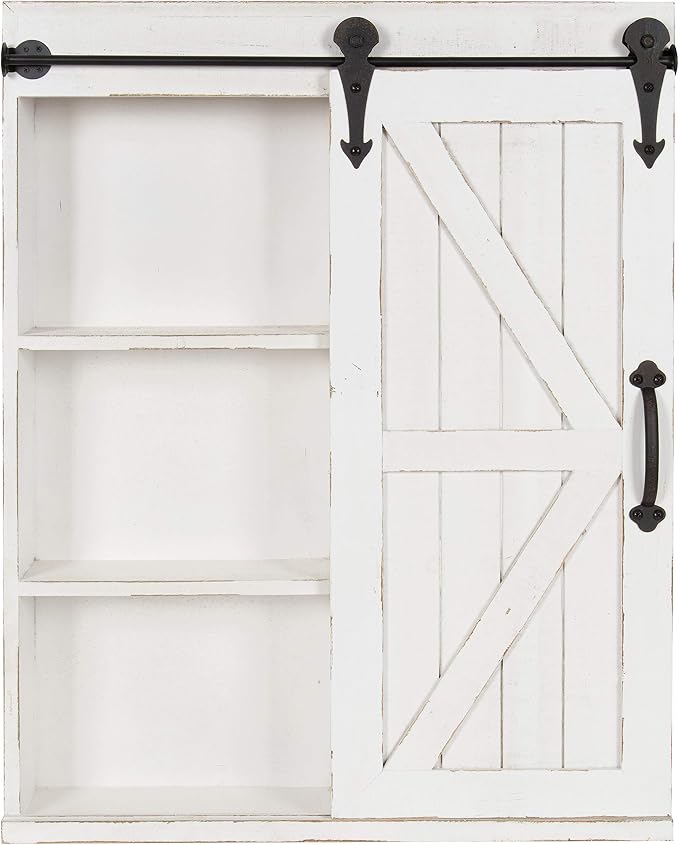 Kate and Laurel Cates Decorative Wood Wall Storage Cabinet with Rectangle Mirror and Sliding Barn Door, 22 x 28, Rustic White, Farmhouse Decor for Wall Storage