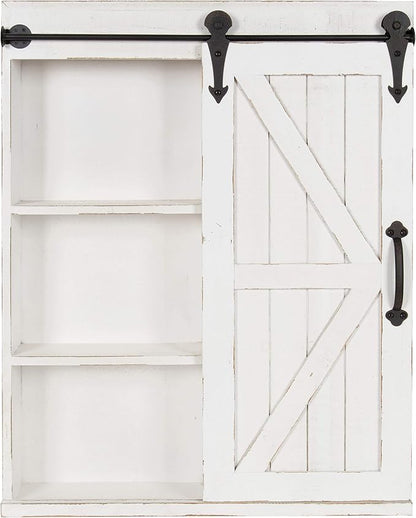 Kate and Laurel Cates Decorative Wood Wall Storage Cabinet with Rectangle Mirror and Sliding Barn Door, 22 x 28, Rustic White, Farmhouse Decor for Wall Storage