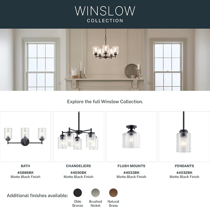 Kichler Winslow 3-Light Vanity Light, Black | Vanity light with clear seeded glass for bathroom mirrors and vanities (21.5" x 9"), 45886BK