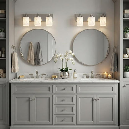 3-Light Bathroom Light Fixture, Brushed Nickel Modern Vanity Light with White Marble Glass Shade, for Bathroom Mirror, Living Room, Bedroom, Hallway, E26 Base, Extended Base
