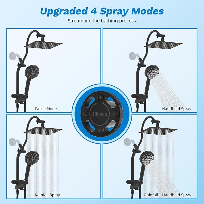 Hibbent High Pressue All Metal 8" Rainfall Shower Head, Handheld 10-Spray | cUPC Certified Oil-Rubbed Bronze Dual Showerhead Combo, 4-way Diverter with Pause Mode, Extension Arm, 71'' Hose & Holder