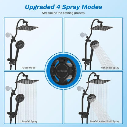 Hibbent High Pressue All Metal 8" Rainfall Shower Head, Handheld 10-Spray | cUPC Certified Oil-Rubbed Bronze Dual Showerhead Combo, 4-way Diverter with Pause Mode, Extension Arm, 71'' Hose & Holder