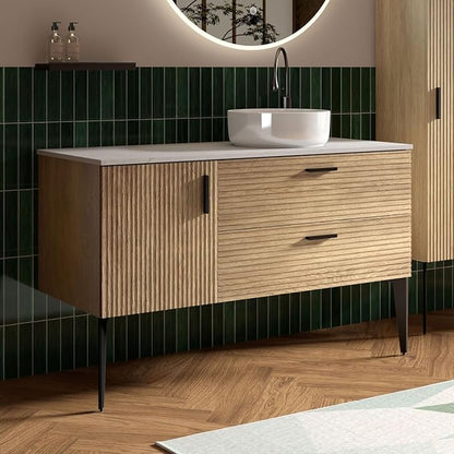 48 Inch Bathroom Vanity with Sink, Modern Striped Bathroom Cabinet with Engineered Stone Top, Soft-Closing Drawers, 1 Door, Large Storage for Small Bathroom, Natural Oak, Cypress Collection