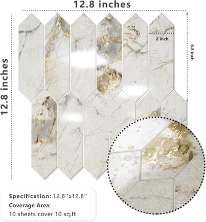Vamos Tile Glossy Pandora Marble with Gold Veining Backsplash Tile Peel and Stick, 12.8 x 12.8 Inch 10 Sheets Long Hexagon PVC Self Adhesive Mosaic Tiles Stick on Backsplash for Kitchen and Bathroom