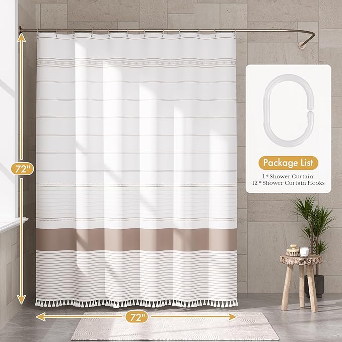 AmazerBath Boho Shower Curtain Set, Rustic Faux Linen Pink Striped Shower Curtain with Hooks, Modern Farmhouse Shower Curtain with Tassels, White Base Toned, 72x72 Inches