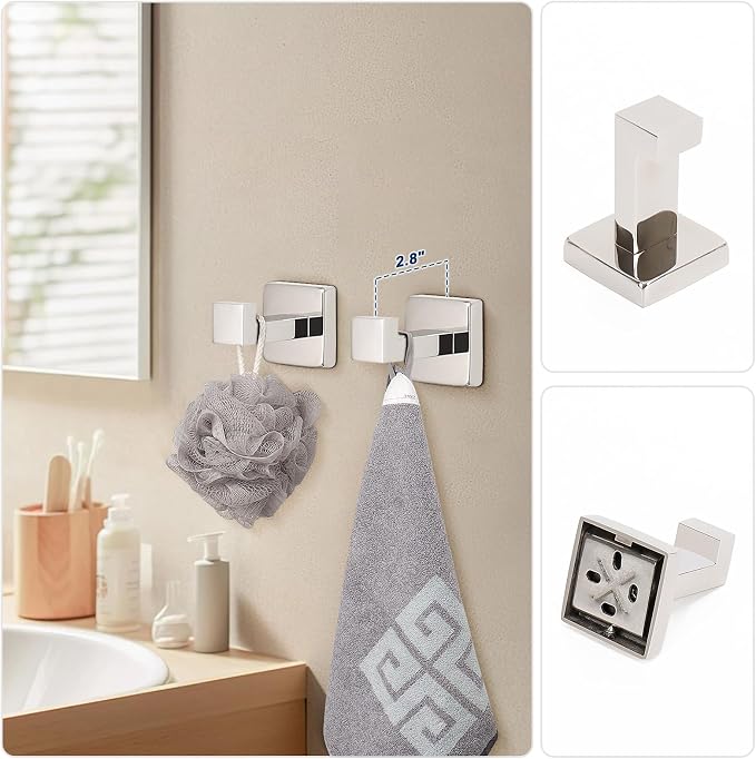 NearMoon 5 Pieces Bathroom Hardware Set 304 Stainless Steel, Square Towel Rack Kit - 24" Towel Rod + Towel Ring + Toilet Paper Holder + 2 Robe Hooks, Wall Mounted Bath Accessories (Chrome Finish)