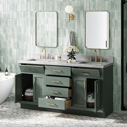 ARIEL Hepburn 66 Inch Double Rectangle Sink Bathroom Vanity with Carrara White Quartz Countertop 1.5 Inch in Vintage Green