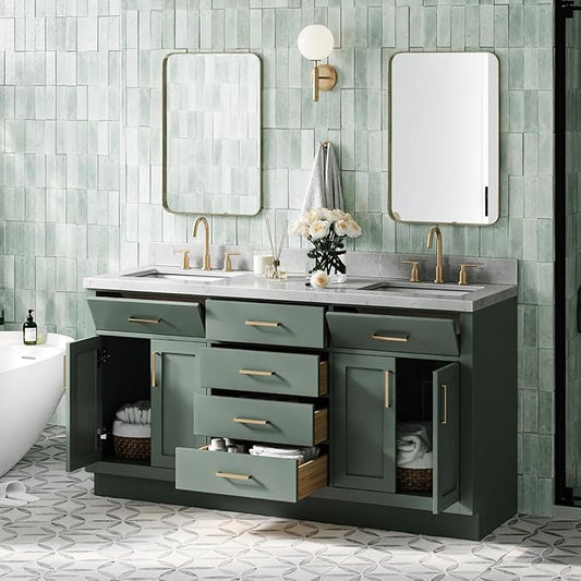 ARIEL Hepburn 66 Inch Double Rectangle Sink Bathroom Vanity with Carrara White Quartz Countertop 1.5 Inch in Vintage Green